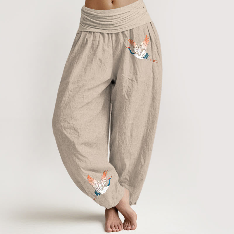 Buddha Stones, zwei anmutige Kraniche, Muster aus reiner Baumwolle, Damen-Haremshose mit elastischer Taille - Bräunen - US22, UK/AU26,EU54 (6XL) - image 11