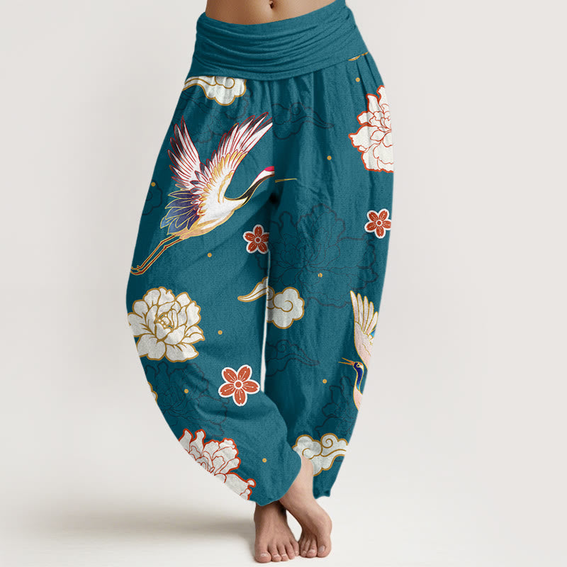 Buddha Stones -Druck, Kraniche, Pfingstrosen-Muster, Haremshose aus reiner Baumwolle für Damen mit elastischer Taille - DunkelCyan - US22, UK/AU26,EU54 (6XL) - image 0