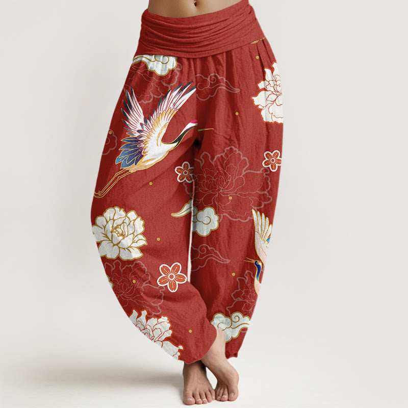 Buddha Stones -Druck, Kraniche, Pfingstrosen-Muster, Haremshose aus reiner Baumwolle für Damen mit elastischer Taille - Schamottestein - US22, UK/AU26,EU54 (6XL) - image 5