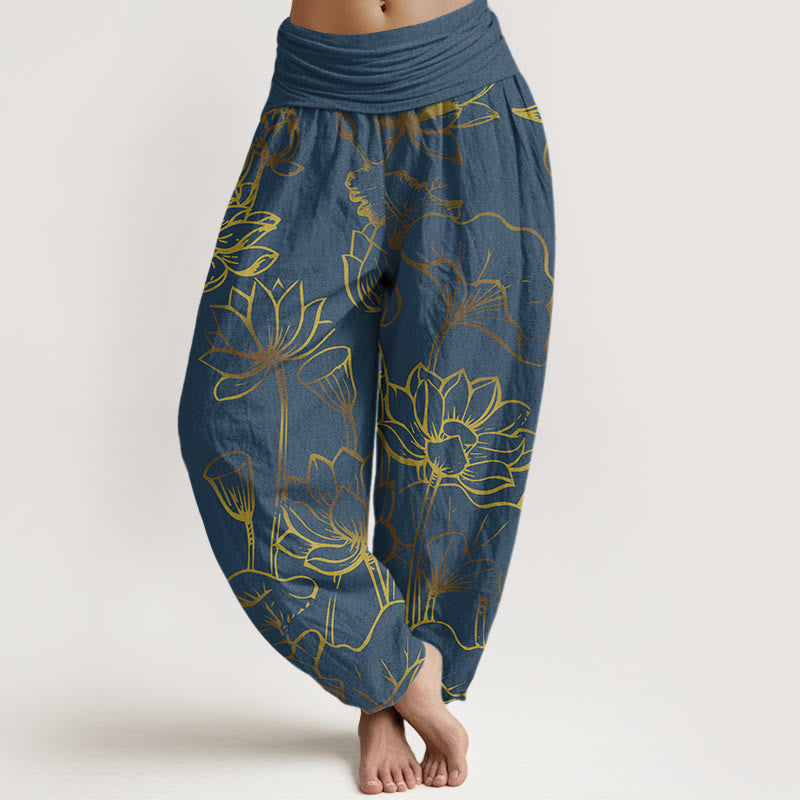 Haremshose aus Baumwolle mit Buddha Stones -Druck und Lotusblumen-Blätter-Muster für Damen mit elastischer Taille - Stahlblau - US22, UK/AU26,EU54 (6XL) - image 0