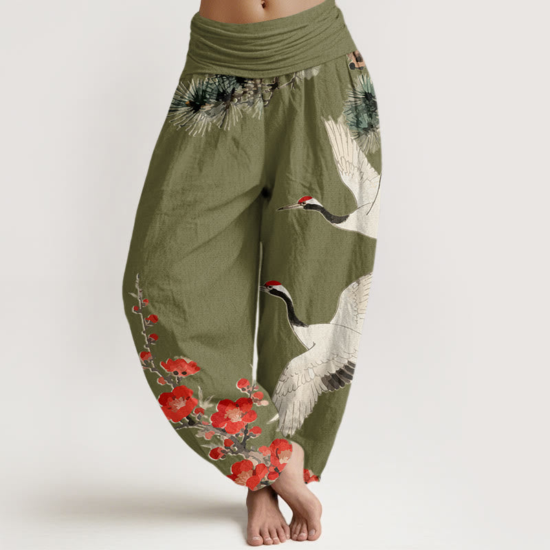 Buddha Stones -Druck, Kraniche, Pflaumenblüten-Muster, Damen-Haremshose aus Baumwolle mit elastischer Taille - Olivgrün - US22, UK/AU26,EU54 (6XL) - image 5