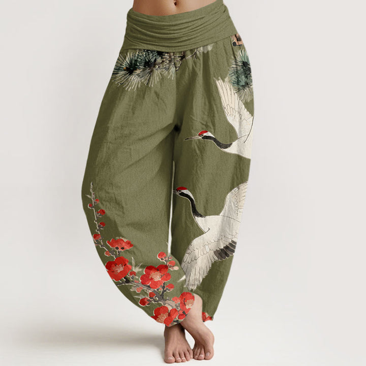 Buddha Stones -Druck, Kraniche, Pflaumenblüten-Muster, Damen-Haremshose aus Baumwolle mit elastischer Taille - Olivgrün - US22, UK/AU26,EU54 (6XL) - image 5