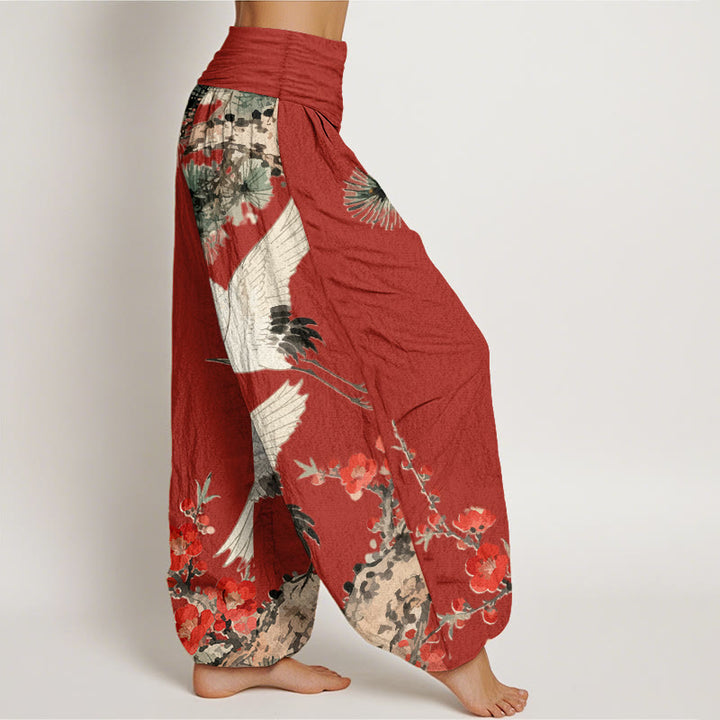 Buddha Stones -Druck, Kraniche, Pflaumenblüten-Muster, Damen-Haremshose aus Baumwolle mit elastischer Taille - image 9