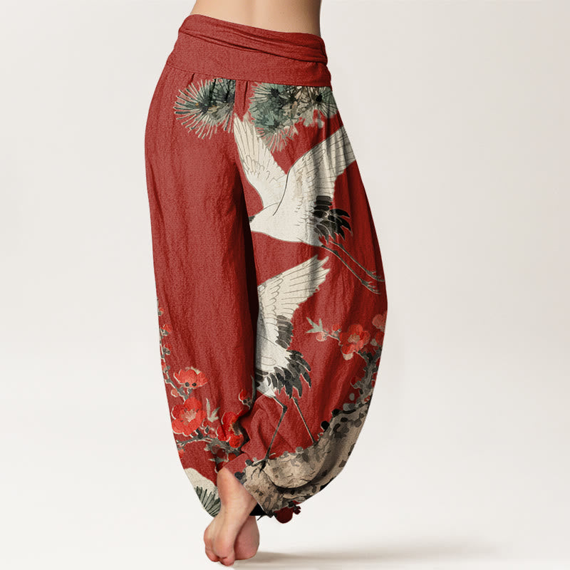 Buddha Stones -Druck, Kraniche, Pflaumenblüten-Muster, Damen-Haremshose aus Baumwolle mit elastischer Taille - image 10