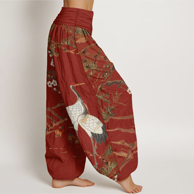 Buddha Stones -Druck, Pflaumenblüten, Kraniche, Kiefernmuster, Damen-Haremshose aus Baumwolle mit elastischer Taille - image 9