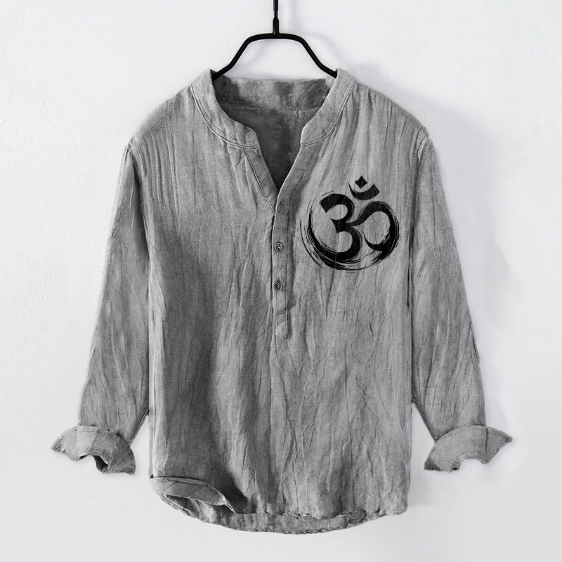 Buddha Stones Om Symbol Muster Halbknöpfe Herren Langarmhemd aus Baumwolle und Leinen - Grau - US/ UK/AU50,EU60 (5XL) - image 0