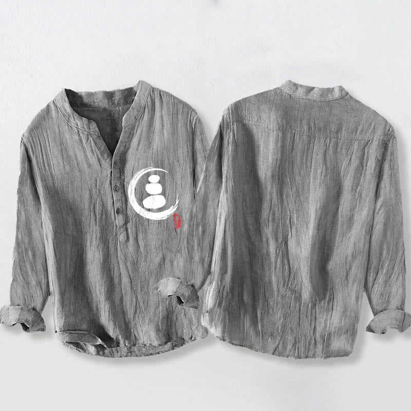 Buddha Stones Zen Stone Pattern Halbknöpfe Herren Langarmhemd aus Baumwolle und Leinen - image 2