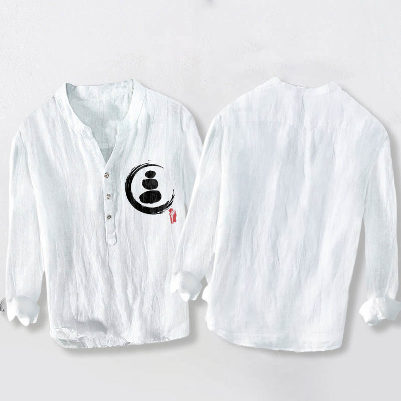 Buddha Stones Zen Stone Pattern Halbknöpfe Herren Langarmhemd aus Baumwolle und Leinen - image 8