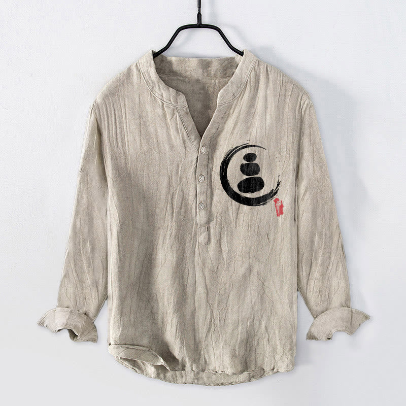 Buddha Stones Zen Stone Pattern Halbknöpfe Herren Langarmhemd aus Baumwolle und Leinen - Leinen - US/ UK/AU50,EU60 (5XL) - image 3