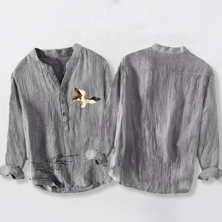 Buddha Stones Crane Auspicious Clouds Muster Halbknöpfe Herren Langarmhemd aus Baumwolle und Leinen - image 2