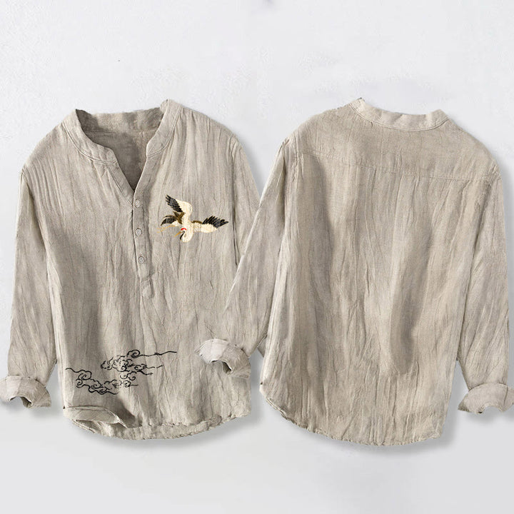 Buddha Stones Crane Auspicious Clouds Muster Halbknöpfe Herren Langarmhemd aus Baumwolle und Leinen - image 5