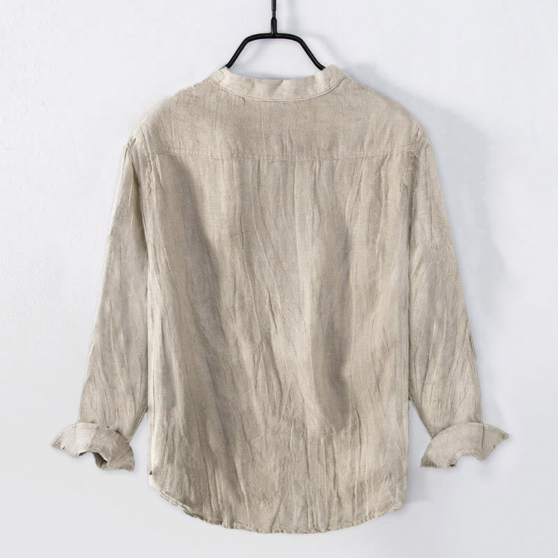 Buddha Stones Mandschurenkranich Wolken Muster Halbknöpfe Herren Langarmhemd aus Baumwolle und Leinen - image 1