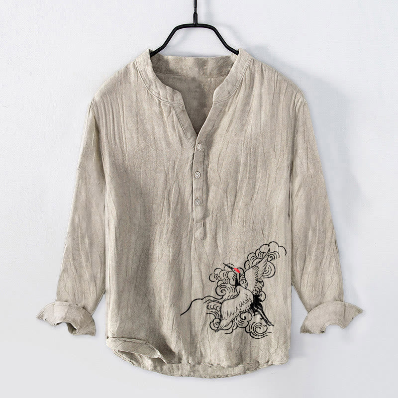 Buddha Stones Mandschurenkranich Wolken Muster Halbknöpfe Herren Langarmhemd aus Baumwolle und Leinen - Leinen - US/ UK/AU50,EU60 (5XL) - image 0