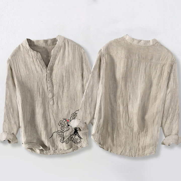 Buddha Stones Mandschurenkranich Wolken Muster Halbknöpfe Herren Langarmhemd aus Baumwolle und Leinen - image 2