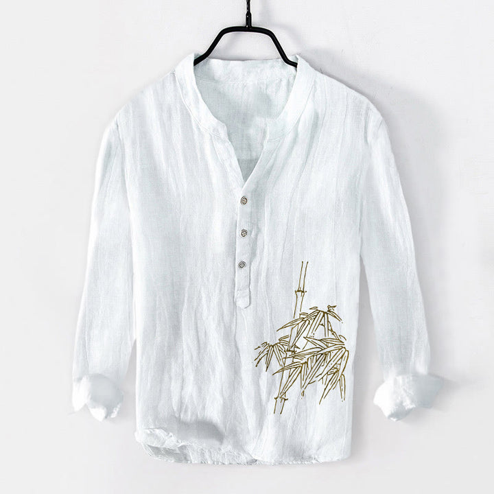 Buddha Stones Bambusblätter Muster Halbknöpfe Herren Langarmhemd aus Baumwolle und Leinen - Weiß - US/ UK/AU50,EU60 (5XL) - image 0