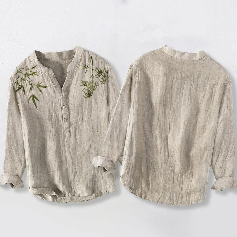 Buddha Stones Grünes Bambusblätter-Muster Halbknöpfe Herren Langarmhemd aus Baumwolle und Leinen - image 2