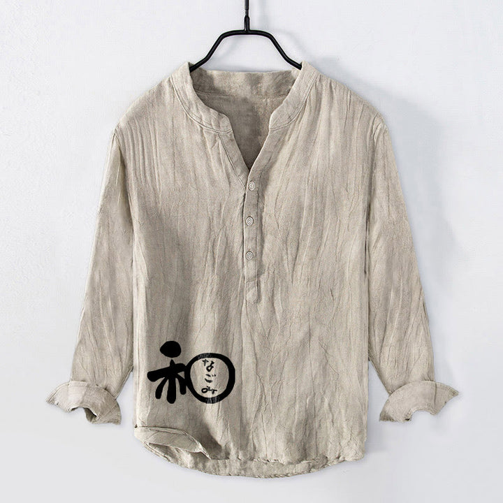 Buddha Stones Chinesisches Schriftzeichen Harmonie Muster Halbknöpfe Herren Langarmhemd aus Baumwolle und Leinen - Leinen - US/ UK/AU50,EU60 (5XL) - image 3