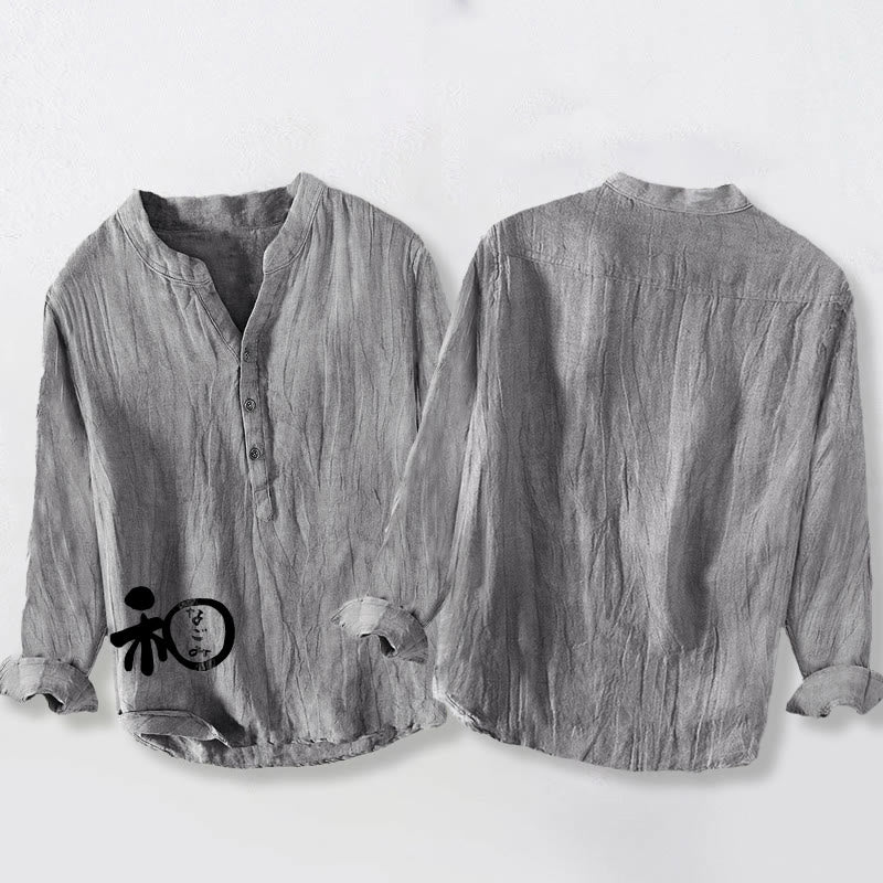 Buddha Stones Chinesisches Schriftzeichen Harmonie Muster Halbknöpfe Herren Langarmhemd aus Baumwolle und Leinen - image 8