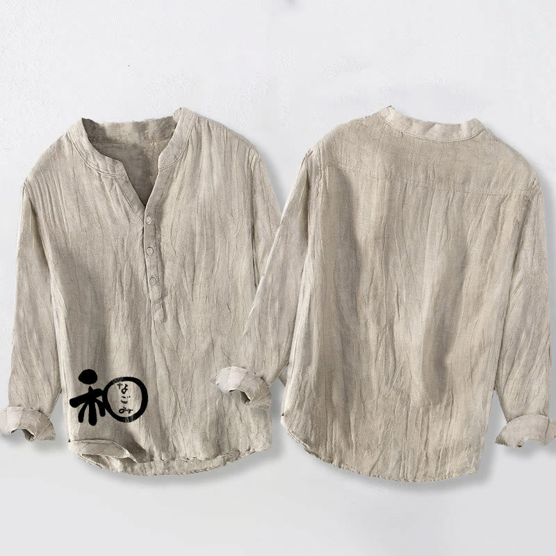 Buddha Stones Chinesisches Schriftzeichen Harmonie Muster Halbknöpfe Herren Langarmhemd aus Baumwolle und Leinen - image 5