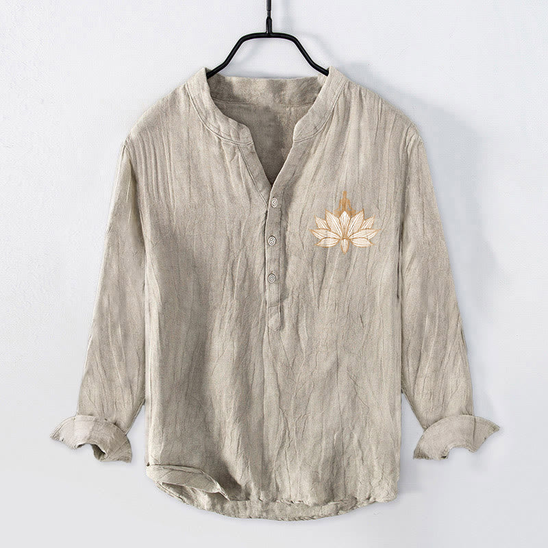 Buddha Stones Meditierende Person Lotus Muster Halbknöpfe Herren Langarmhemd aus Baumwolle und Leinen - image 4