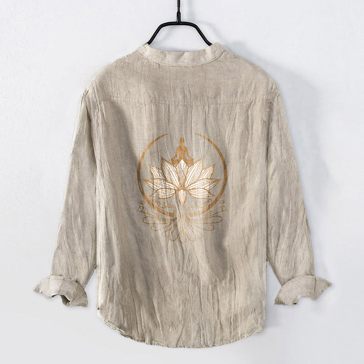 Buddha Stones Meditierende Person Lotus Muster Halbknöpfe Herren Langarmhemd aus Baumwolle und Leinen - image 5