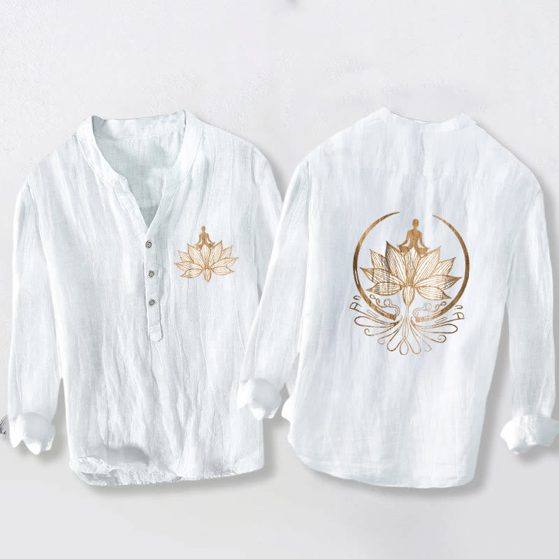 Buddha Stones Meditierende Person Lotus Muster Halbknöpfe Herren Langarmhemd aus Baumwolle und Leinen - Weiß - US/ UK/AU50,EU60 (5XL) - image 6