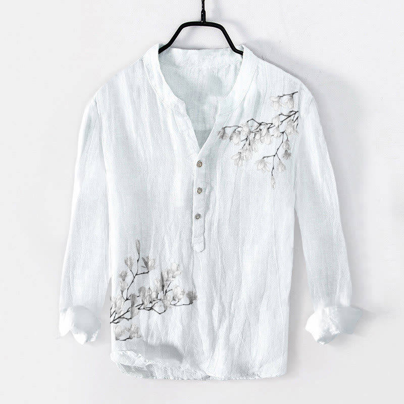 Buddha Stones Magnolienblüten Zweige Muster Halbknöpfe Herren Langarmhemd aus Baumwolle und Leinen - Weiß - US/ UK/AU50,EU60 (5XL) - image 6