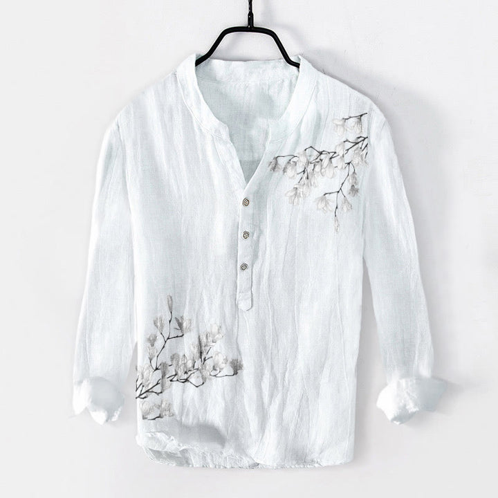 Buddha Stones Magnolienblüten Zweige Muster Halbknöpfe Herren Langarmhemd aus Baumwolle und Leinen - Weiß - US/ UK/AU50,EU60 (5XL) - image 6