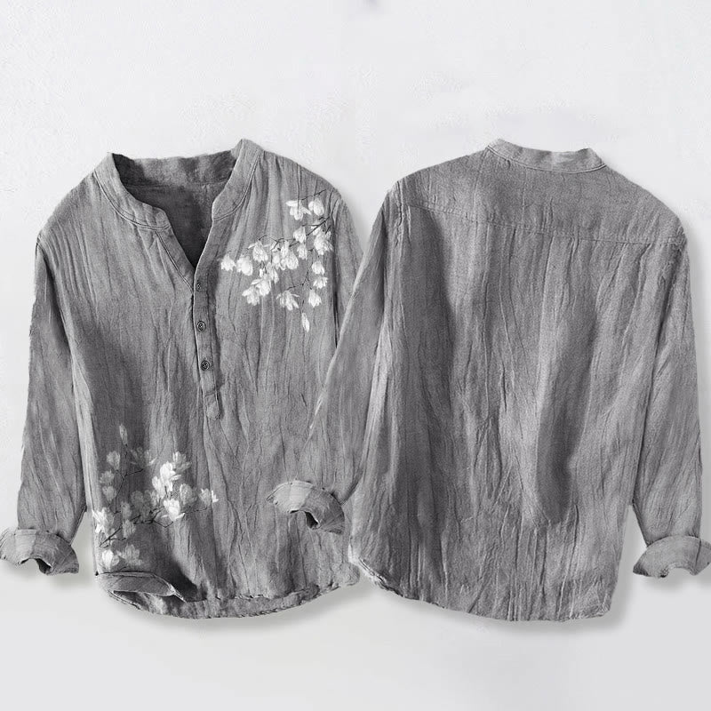 Buddha Stones Magnolienblüten Zweige Muster Halbknöpfe Herren Langarmhemd aus Baumwolle und Leinen - image 2