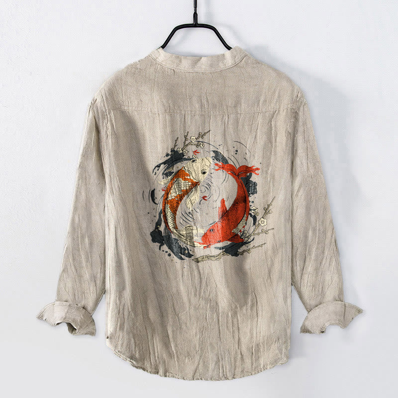 Buddha Stones, rot, weiß, Koi-Fisch, Yin-Yang-Muster, halbe Knöpfe, Herren-Langarmhemd aus Baumwolle und Leinen - image 2