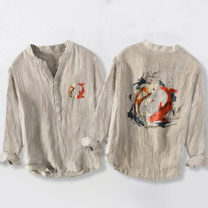 Buddha Stones, rot, weiß, Koi-Fisch, Yin-Yang-Muster, halbe Knöpfe, Herren-Langarmhemd aus Baumwolle und Leinen - Leinen - US/ UK/AU50,EU60 (5XL) - image 0