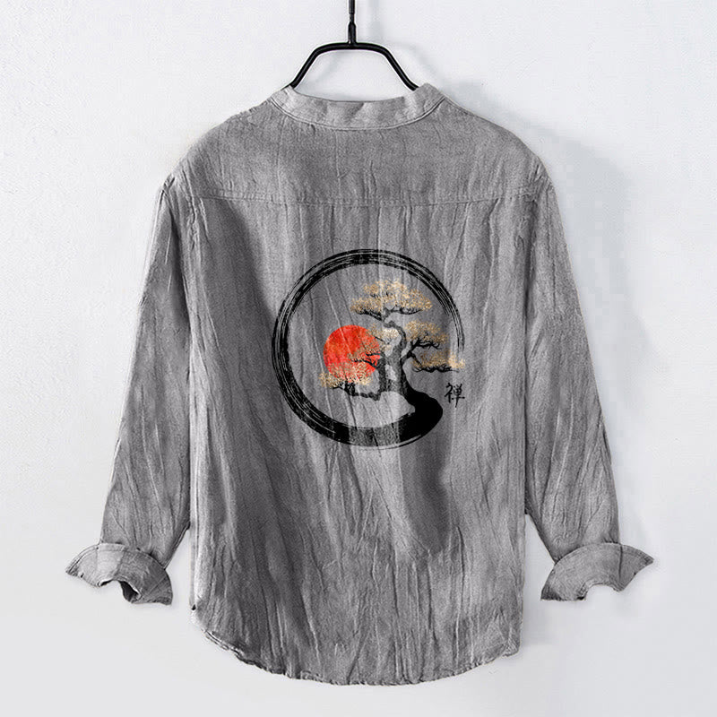 Buddha Stones, Zen-Charakter, Kiefernbaum, Sonnenmuster, Halbknöpfe, Herren-Langarmhemd aus Baumwolle und Leinen - image 2