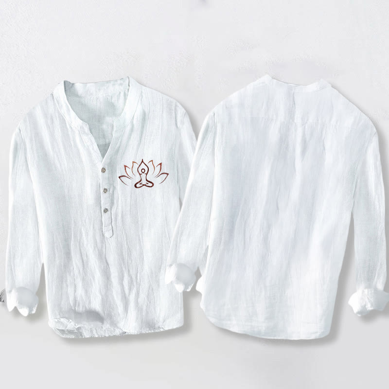 Buddha Stones Lotus Meditierende Figur Muster Halbknöpfe Herren Langarmhemd aus Baumwolle und Leinen - image 8