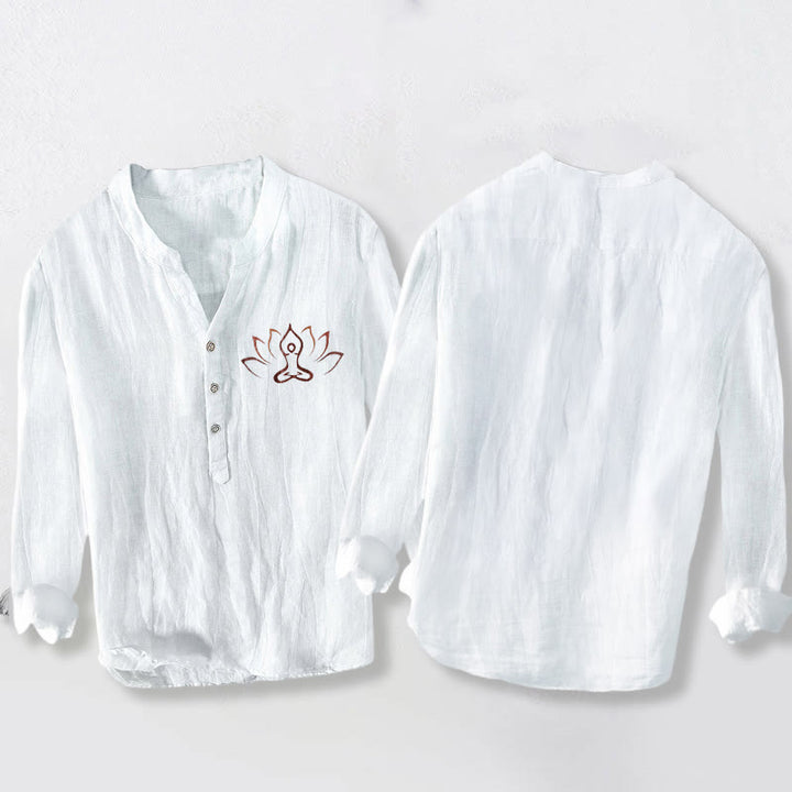 Buddha Stones Lotus Meditierende Figur Muster Halbknöpfe Herren Langarmhemd aus Baumwolle und Leinen - image 8