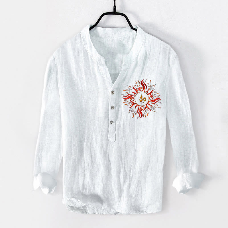 Buddha Stones Sonnenförmiges OM-Symbolmuster Halbknöpfe Herren Langarmhemd aus Baumwolle und Leinen - Weiß - US/ UK/AU50,EU60 (5XL) - image 6