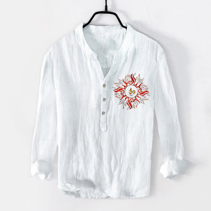 Buddha Stones Sonnenförmiges OM-Symbolmuster Halbknöpfe Herren Langarmhemd aus Baumwolle und Leinen - Weiß - US/ UK/AU50,EU60 (5XL) - image 6