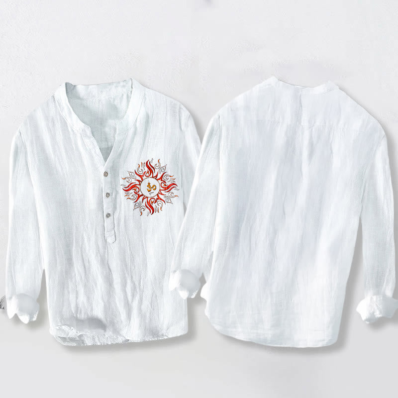 Buddha Stones Sonnenförmiges OM-Symbolmuster Halbknöpfe Herren Langarmhemd aus Baumwolle und Leinen - image 8