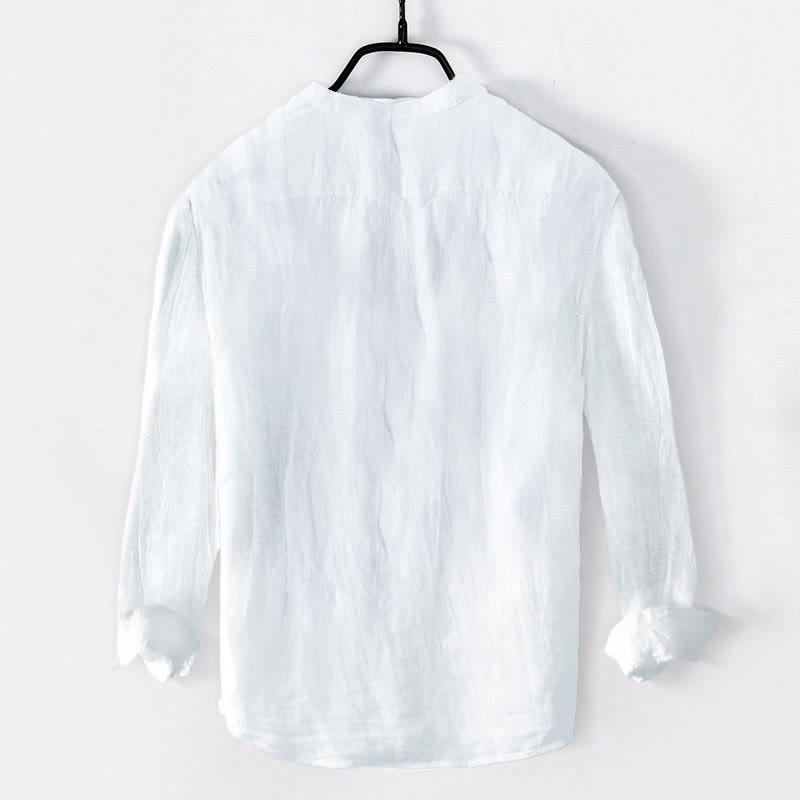 Buddha Stones Line-Art Lotusblumenmuster Halbknöpfe Herren Langarmhemd aus Baumwolle und Leinen - image 7