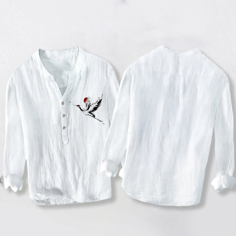 Buddha Stones Flying Crane Sun Pattern Halbknöpfe Herren Langarmhemd aus Baumwolle und Leinen - image 8