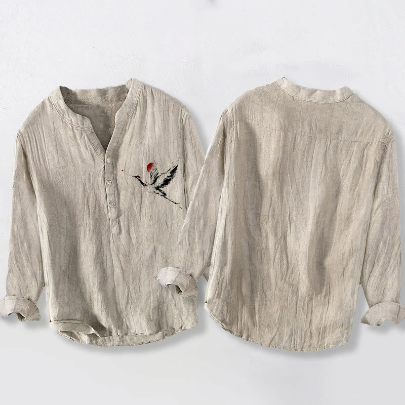 Buddha Stones Flying Crane Sun Pattern Halbknöpfe Herren Langarmhemd aus Baumwolle und Leinen - image 2