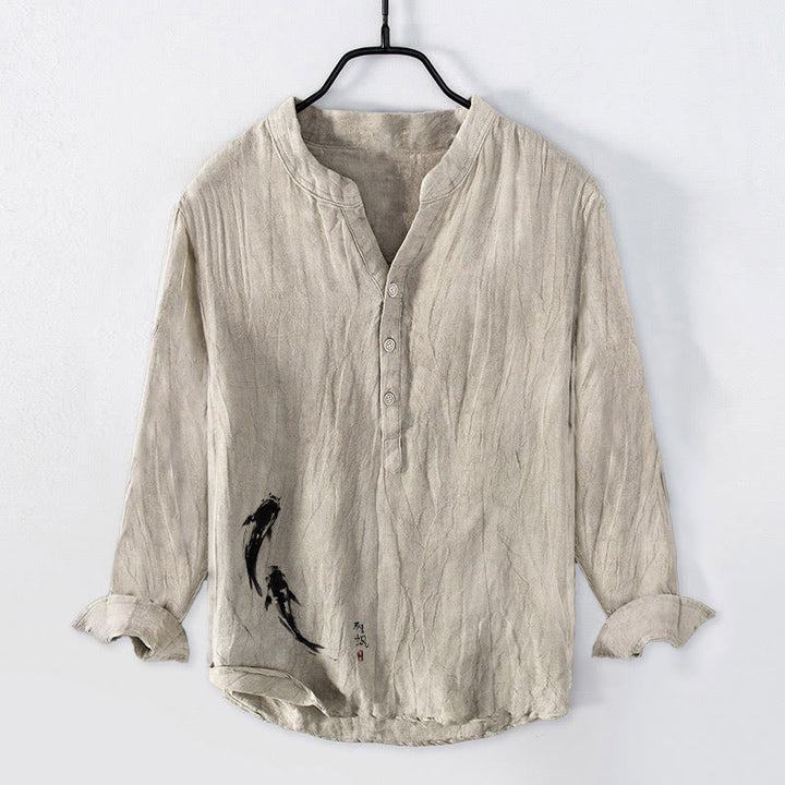 Buddha Stones Zwei Koi-Fisch-Muster Halbknöpfe Herren Langarmhemd aus Baumwolle und Leinen - Leinen - US/ UK/AU50,EU60 (5XL) - image 0