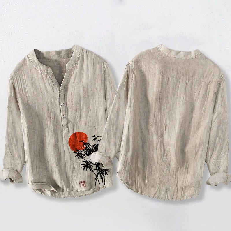Buddha Stones Bambusblätter Rotes Sonnenmuster Halbknöpfe Herren Langarmhemd aus Baumwolle und Leinen - image 2