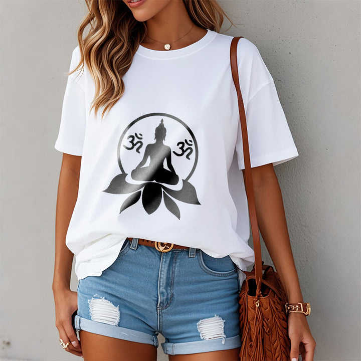 Buddha Stones OM Symbol Sanskrit Mantras Buddha sitzt auf Lotus Blume Design T T-shirt - image 5
