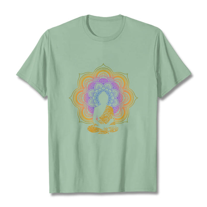 Buddha Stones Multicolor Mandala Blume Sitzender Buddha Muster T T-shirt - Blassgrün - 2XL - image 8