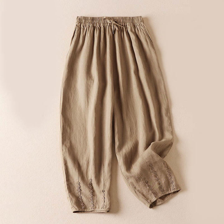 Buddha Stones Sommer-Haremshose mit kleiner Blumenstickerei und Taschen - Weizen - US8-10, UK/AU12-14,EU40-42 (2XL) - image 0