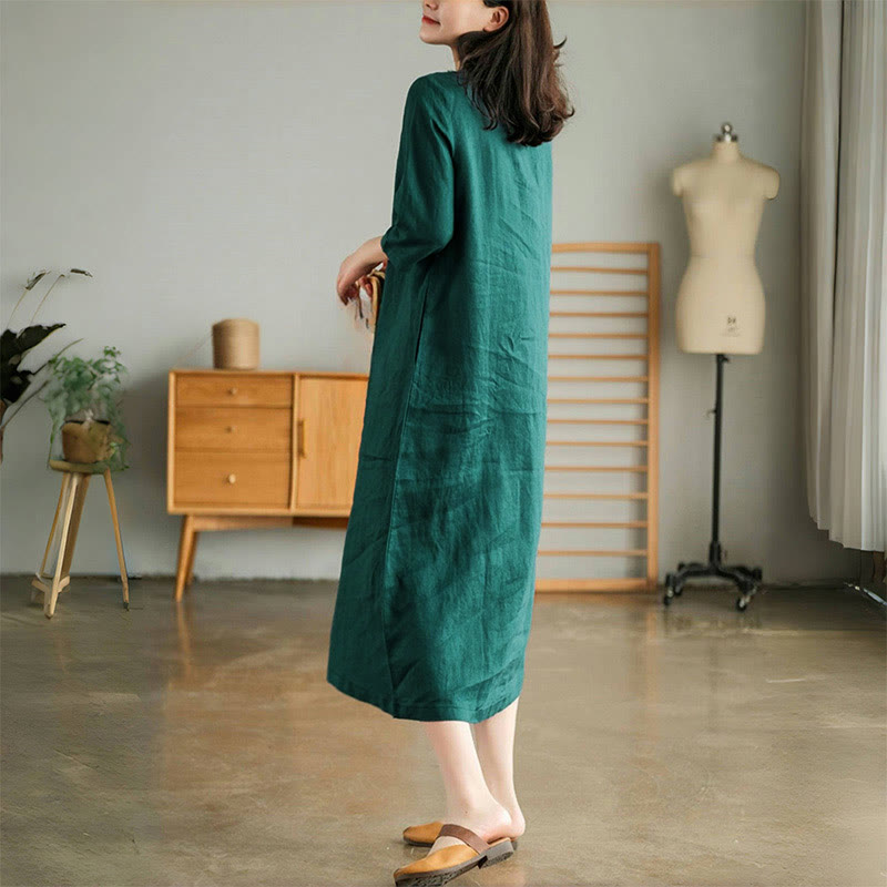 Buddha Stones – Lässiges, schlichtes Midikleid mit Akkordeonfalten, V-Ausschnitt und halblangen Ärmeln und Taschen - image 2