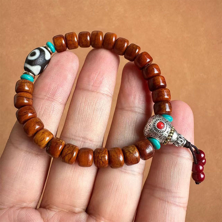 Buddha Stones, Knochenperlen, Vajra, dreiäugiges Dzi-Perlen-Glücksarmband - Knochenperlen & dreiäugige Dzi-Perle & Legierung (Handgelenkumfang: 15 cm – 16 cm) - image 0