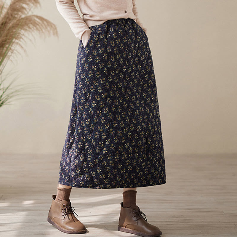 Buddha Stones Vintage Blumenmuster Elastischer Bund Baumwolle Damen Midirock mit Taschen - image 2