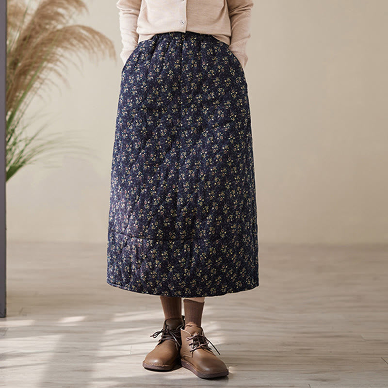 Buddha Stones Vintage Blumenmuster Elastischer Bund Baumwolle Damen Midirock mit Taschen - image 5