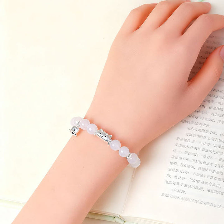 Buddha Stones 999 Sterling Silber Natürlicher Katzenkopf Weißes Katzenauge Weißer Achat Positives Armband - image 13